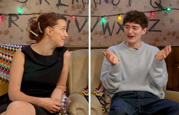 Two young people sitting on couches under colorful lights, discussing Millie Bobby Brown name change news.