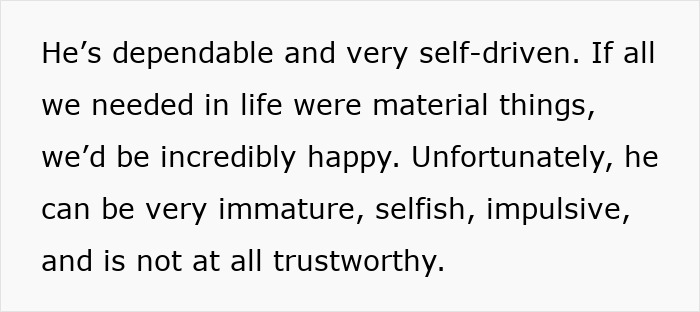 Text describing a man prioritizing work over family while his wife knows and wants to stay despite it. Text describing a man prioritizing work over family while his wife knows and wants to stay despite it.