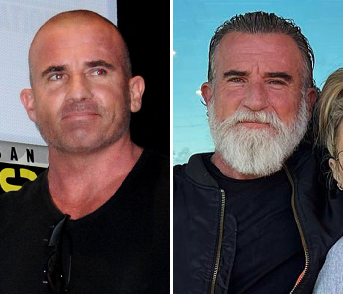 Before and after celebrity transformation showing a man with a shaved head and clean face and the same man with gray hair and a white beard in 2025.