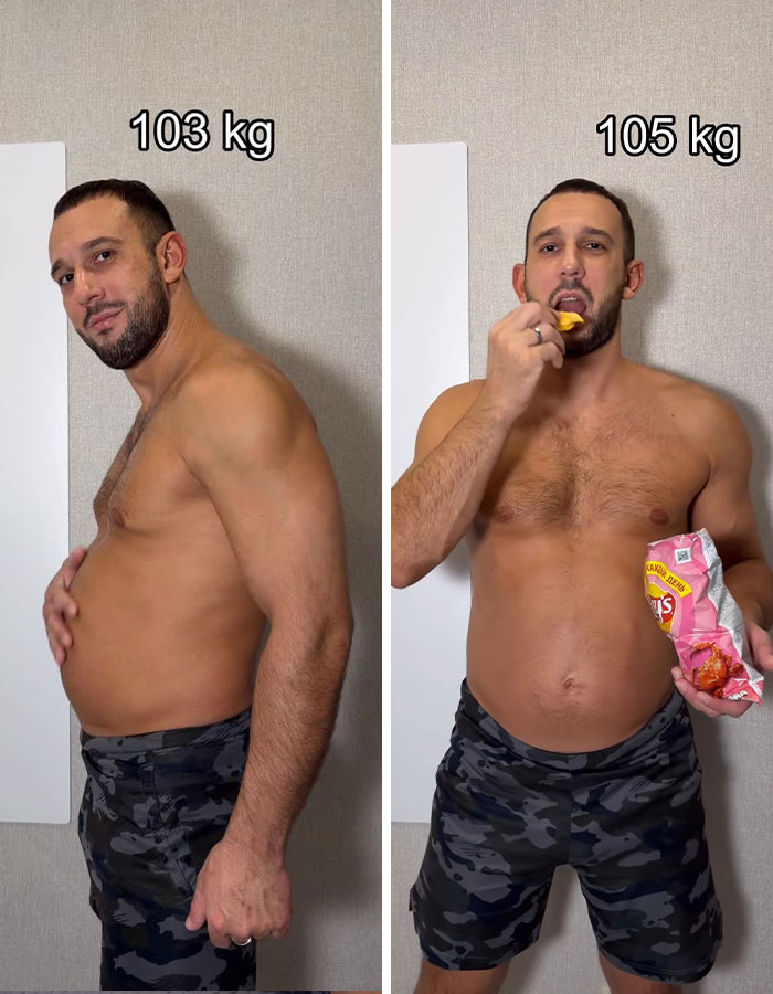 Fitness coach shown before and during binge-eating challenge holding chips, with weight displayed as 103 kg and 105 kg.