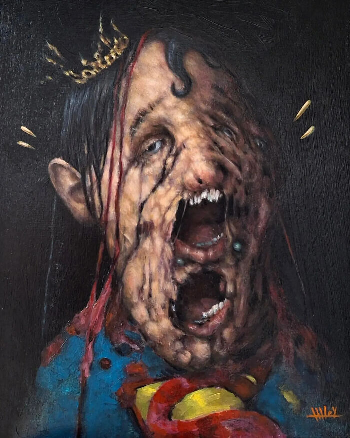 Creepy horror painting by Tyler Tilley featuring a distorted, screaming face with a dark, unsettling background.