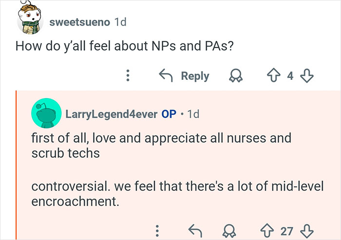 Reddit conversation discussing opinions on nurse practitioners and physician assistants in healthcare.