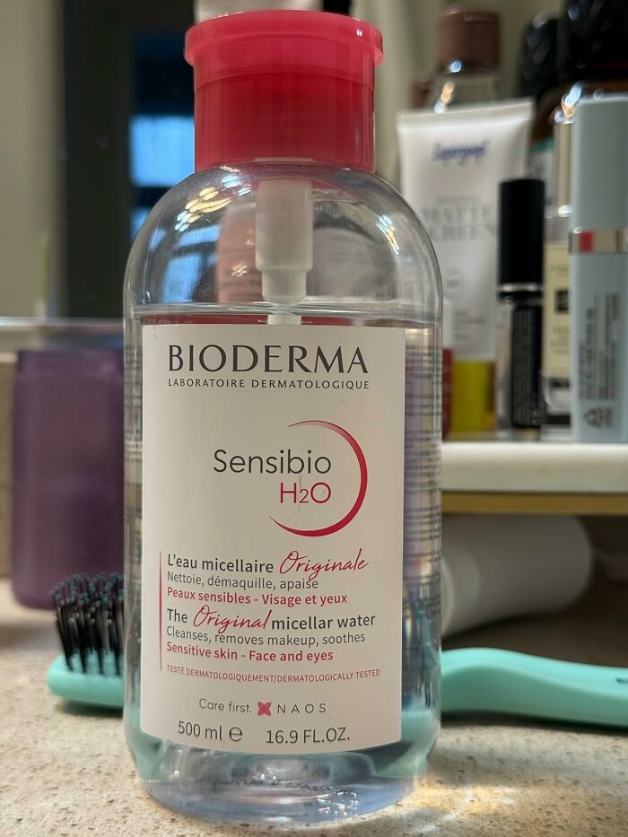 Bottle of Bioderma Sensibio H2O micellar water on a bathroom counter, highlighting Black Friday deals available now.