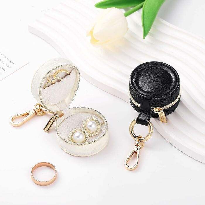 Compact aesthetic gift jewelry cases with keychain, perfect for storing earrings and rings on the go.