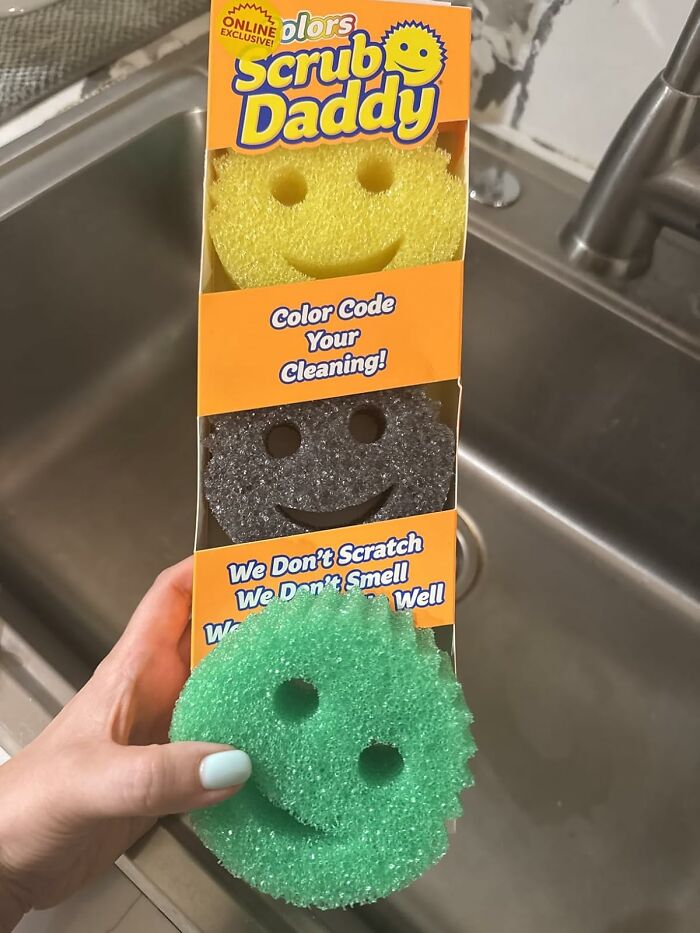 Set of colorful Scrub Daddy smiley face sponges, a popular viral product from TikTok cleaning tools trend.