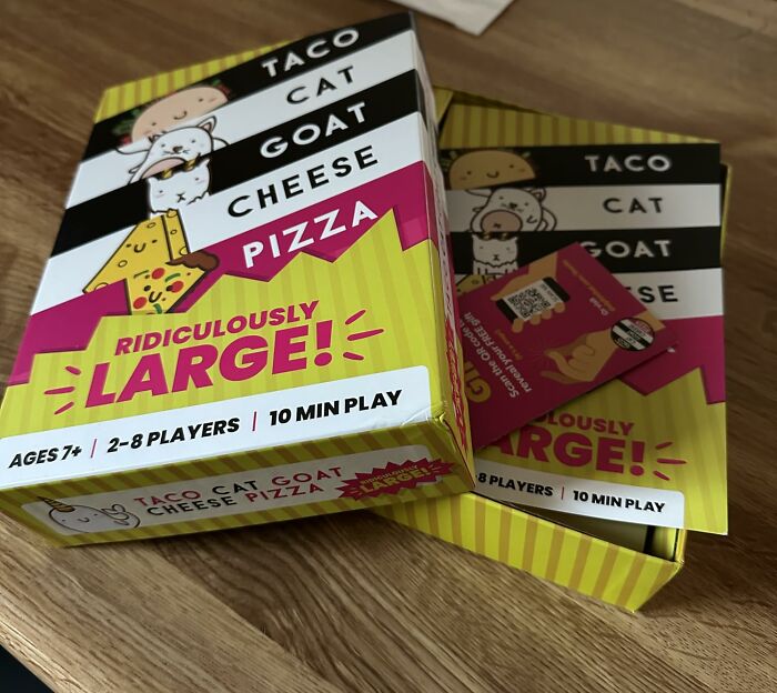 Taco Cat Goat Cheese Pizza card game box and cards, a fun stocking stuffer gift for game lovers and families.