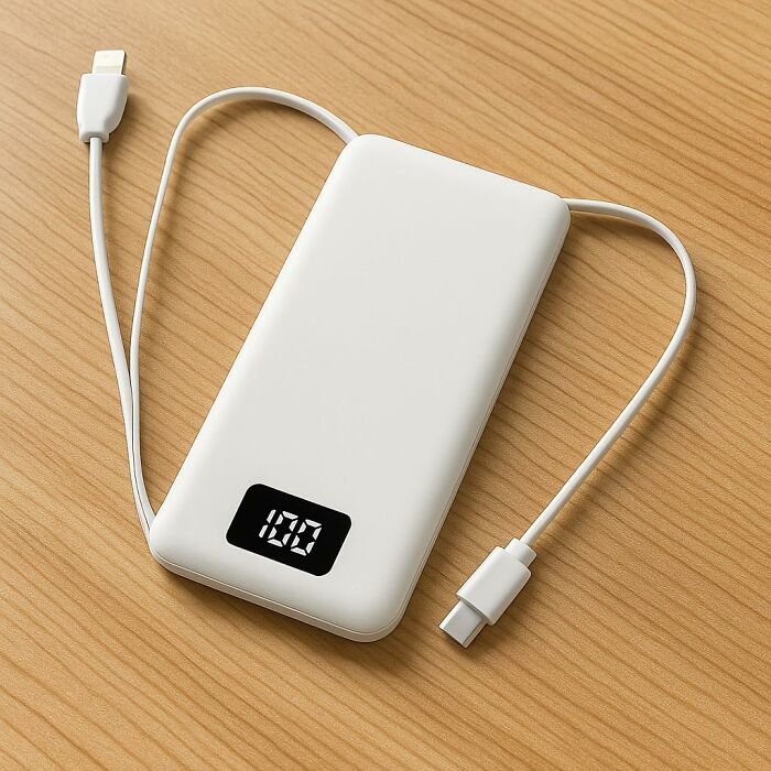 White portable power bank with digital battery display and attached charging cables on wooden surface for Black Friday tech deals.