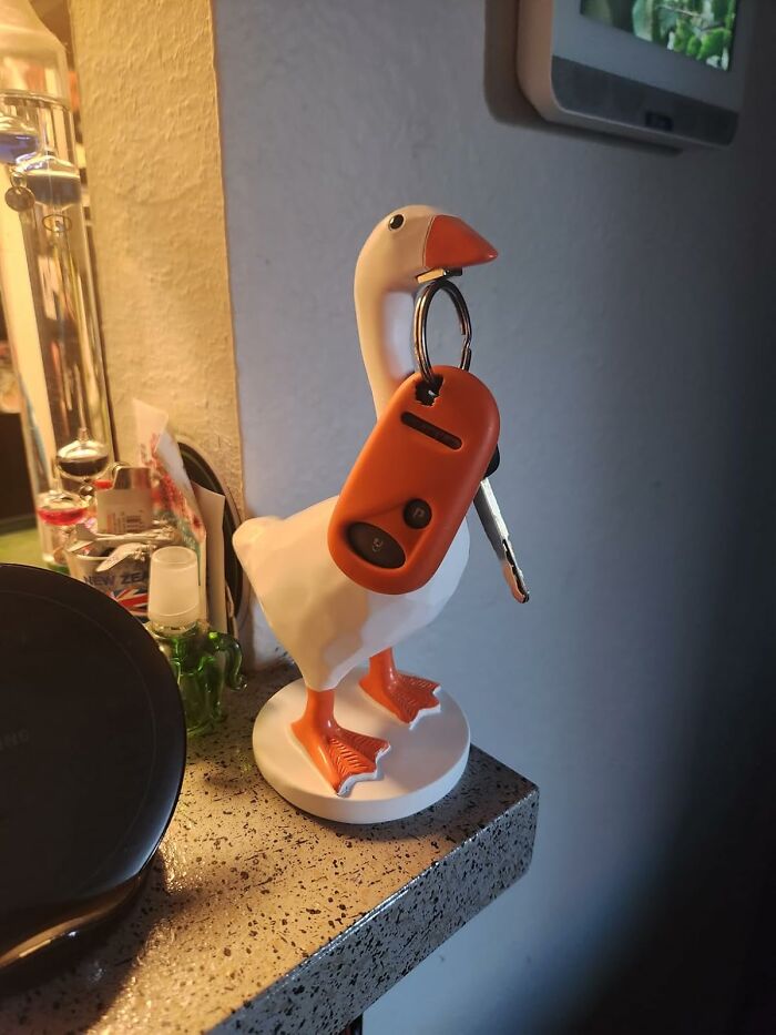 Novelty finds key holder shaped like a goose holding car keys on a kitchen countertop, quirky home accessory.