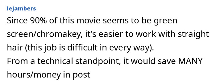 Text post discussing technical challenges of green screen work with straight hair in live-action movies related to Disney Moana appearance change.