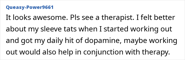 Commenter responding to a man&rsquo;s emotional post on tattoo regret and depression, offering advice to seek therapy.