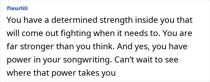Text post by user fleurili encouraging strength and power in songwriting, related to Alison Sudol speaking out amid David Harbour backlash.