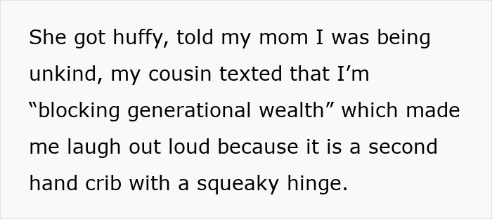 Text on a white background discussing a second hand aunt crib storage baby with a squeaky hinge and family interactions.