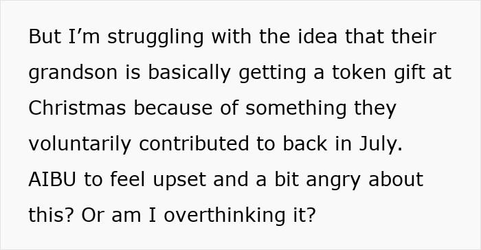 Text discussing a mom feeling scammed after grandparents combine birthday and Christmas gift for their grandson.