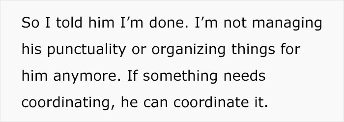 Text excerpt showing a woman stating she stopped managing her husband&rsquo;s punctuality or organizing tasks for him.