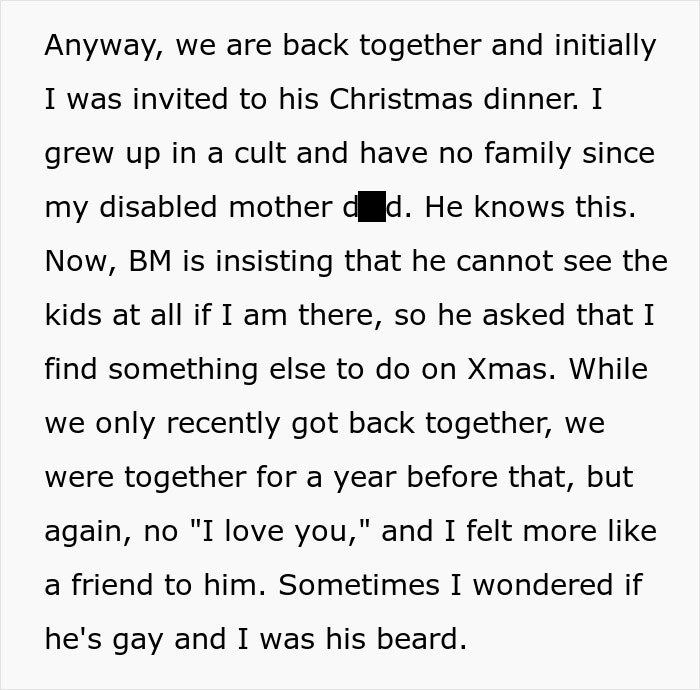 Text excerpt about a woman being told she can&rsquo;t spend Christmas with BF&rsquo;s kids despite buying expensive gifts.