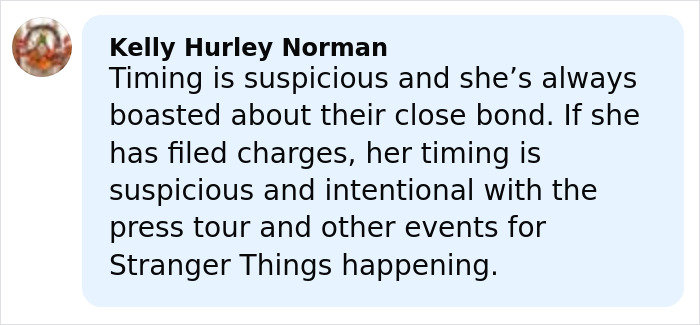 Comment from Kelly Hurley Norman discussing the timing of Millie Bobby Brown and David Harbour’s relationship amid harassment allegations. Comment from Kelly Hurley Norman discussing the timing of Millie Bobby Brown and David Harbour’s relationship amid harassment allegations.