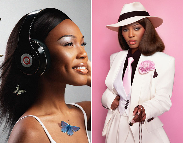 Two women showcasing Halloween costumes with headphones and a white suit, representing celebrities who crushed it with their Halloween costumes.