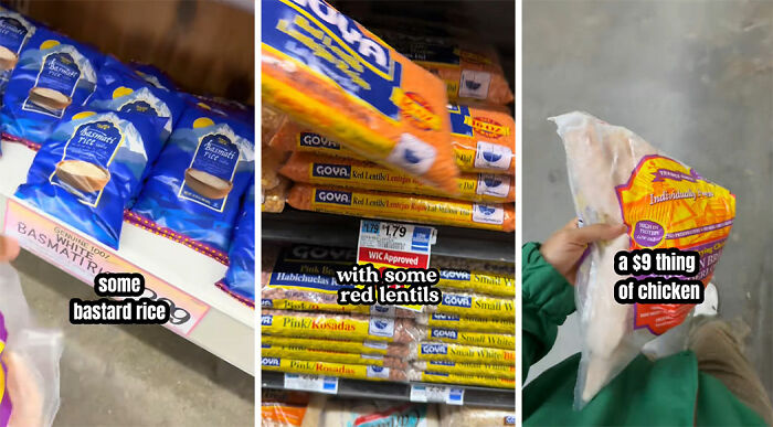 Packages of rice, red lentils, and frozen chicken held by a shopper during a $100 survival challenge in NYC.