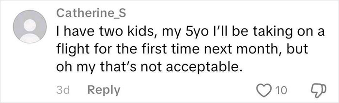 Comment from user Catherine_S about her child flying for the first time, related to frequent traveler flight experience.