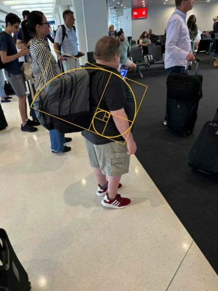Man at airport with backpack illustrating golden ratio spiral, one of the popular pics that go hard, standing in a queue with travelers.