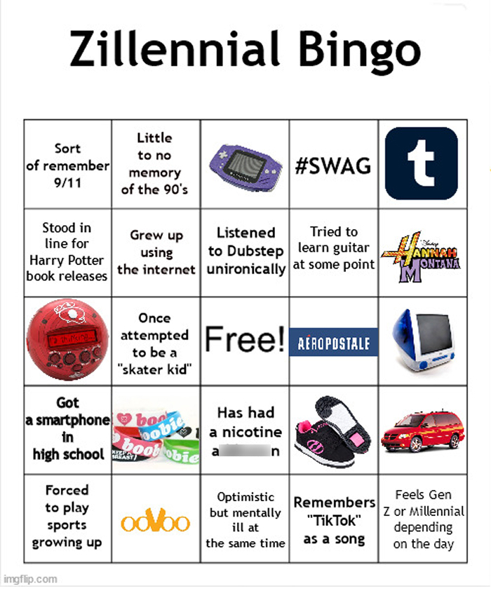 Zillennial Bingo card with icons and phrases representing Gen Z, Gen Alpha, and Gen X cultural references and habits.