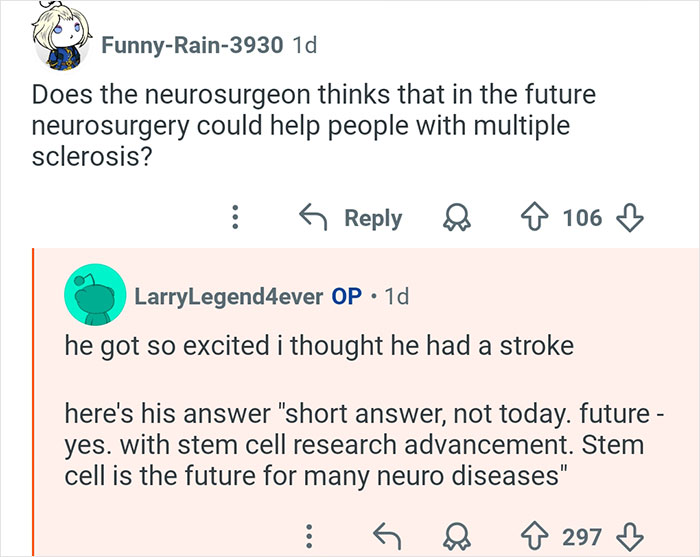 Reddit users discuss neurosurgeon's views on stem cell research and future treatment of multiple sclerosis.