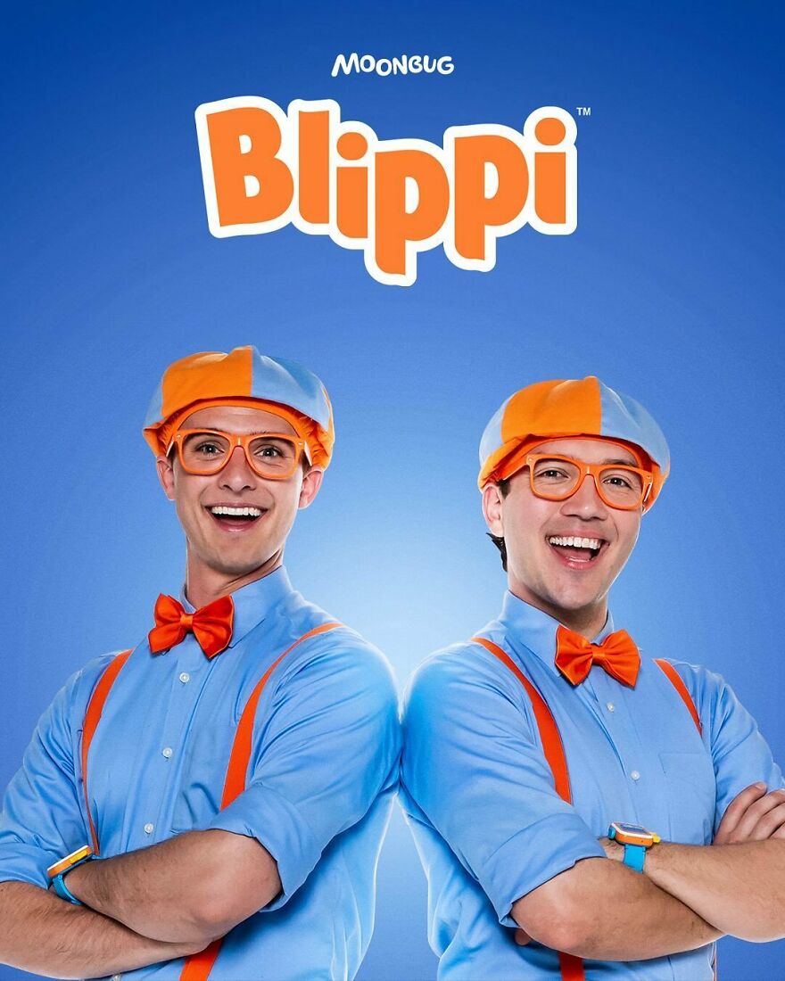 Two actors dressed as Blippi wearing orange bow ties, hats, glasses, and blue shirts with orange suspenders smiling against a blue background.