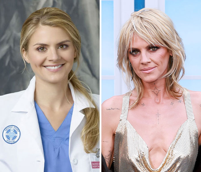 Side-by-side images showing a dramatic celebrity transformation with different hairstyles and fashion in 2025 celebrity transformations.