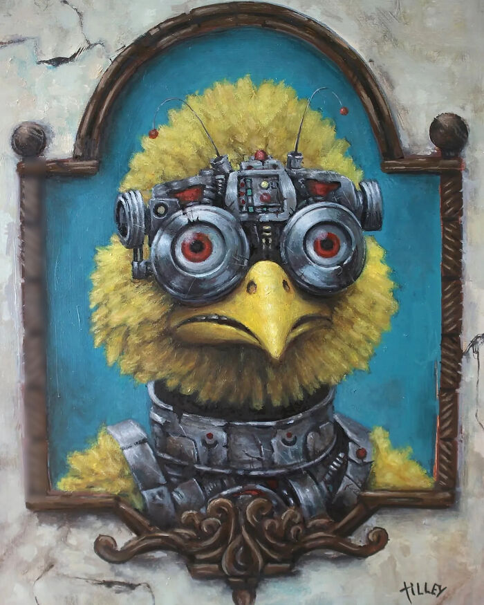 Creepy painting by Tyler Tilley of a yellow bird with robotic goggles and mechanical armor against blue background.