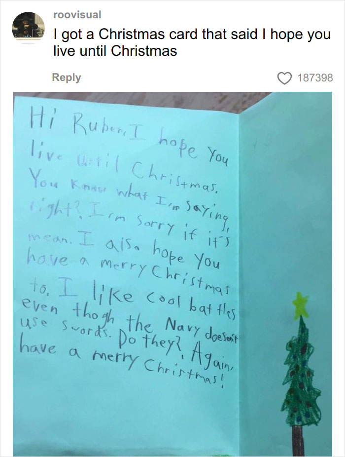 Handwritten Christmas card from a kid with funny and savage messages shared with U.S. soldiers.