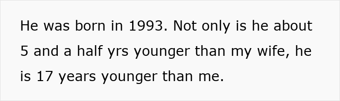 Text image showing a statement about a man born in 1993 being five and a half years younger than the wife.