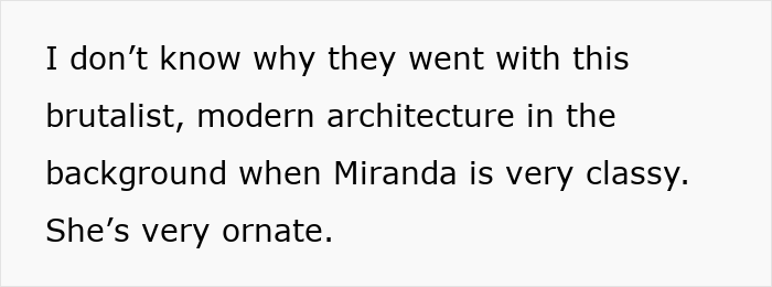 Screenshot of text discussing brutalist modern architecture contrasting with a classy, ornate character, highlighting why movies are millennial gray.