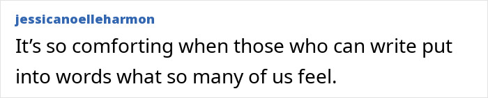 Text post by a user expressing comfort in writers who articulate shared feelings, related to Alison Sudol speaking out amid David Harbour backlash.