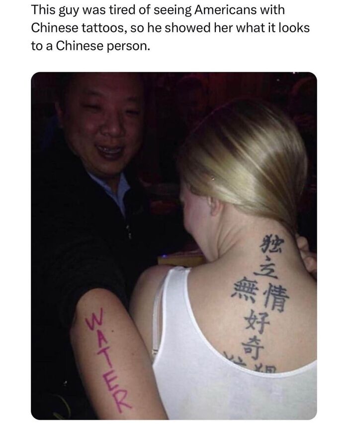 Man humorously showing woman what Chinese tattoos look like to a Chinese person, featuring random memes for a quick laugh today.