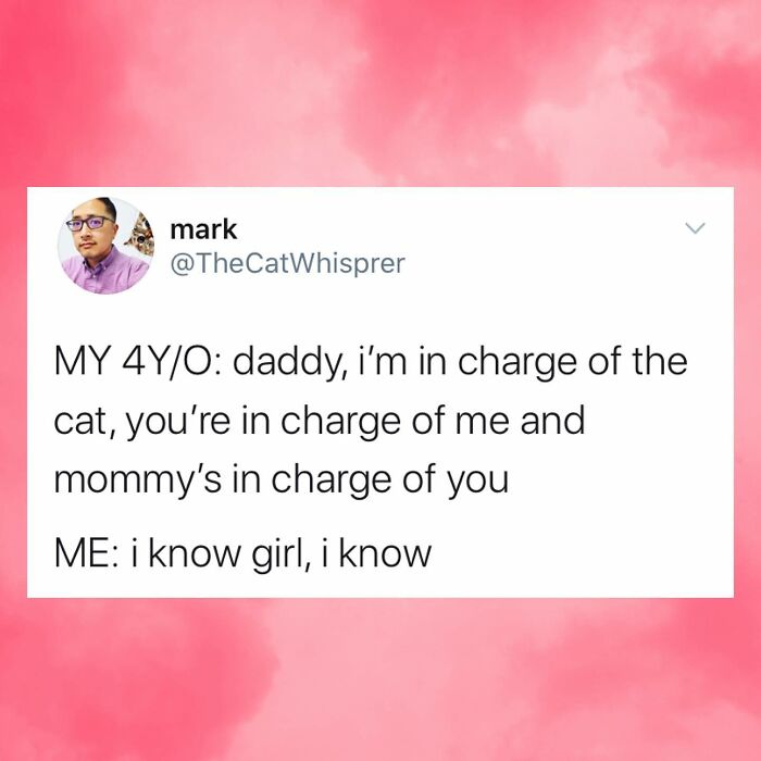 Parenting and marriage tweet showing a humorous exchange about family roles between a 4-year-old and parent.