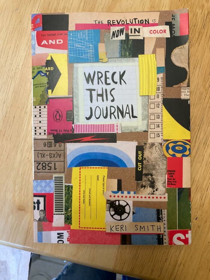 Colorful cover of Wreck This Journal by Keri Smith, a creative hobby to keep your hands busy during hibernation season.