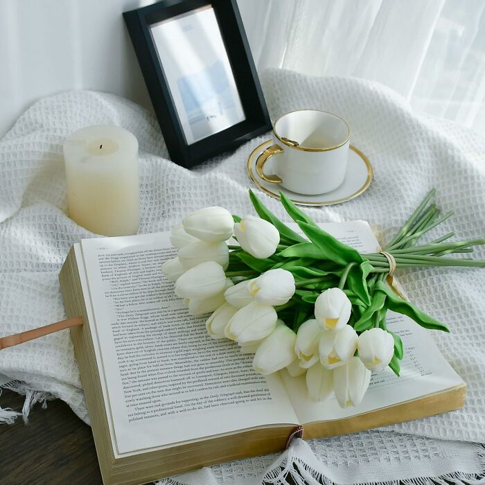 Cozy finds including white tulips on an open book, a lit candle, and a teacup on a soft textured blanket.