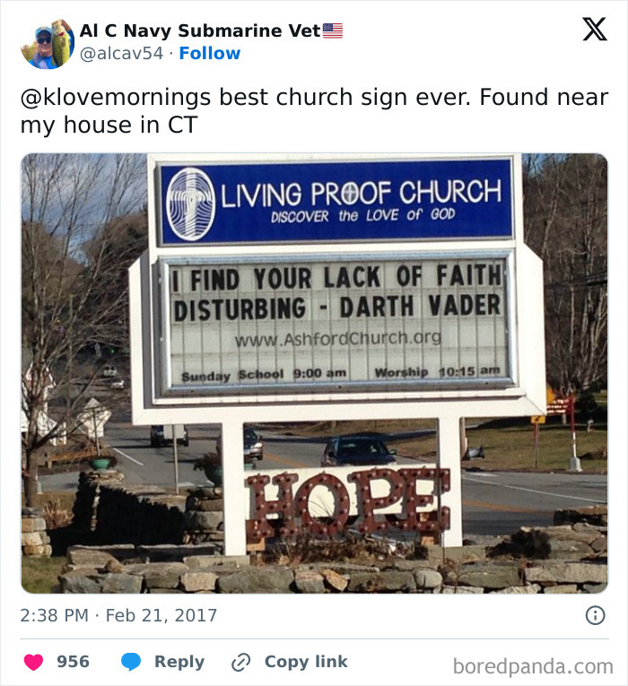 Church sign with a humorous message referencing Darth Vader, part of popular church signs with jokes collection.