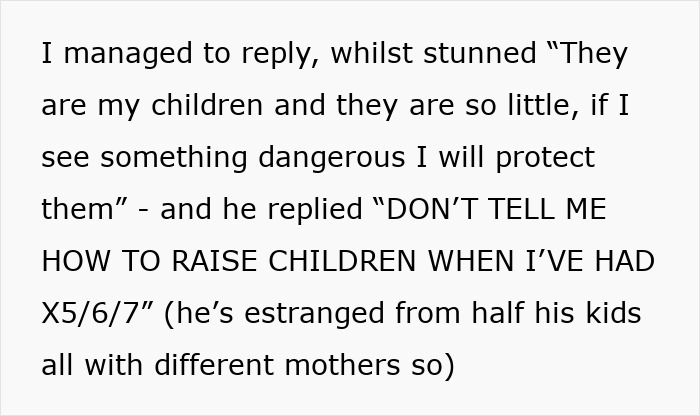 Text excerpt discussing a father-in-law's harsh behavior and family conflict involving protection of children and estrangement.