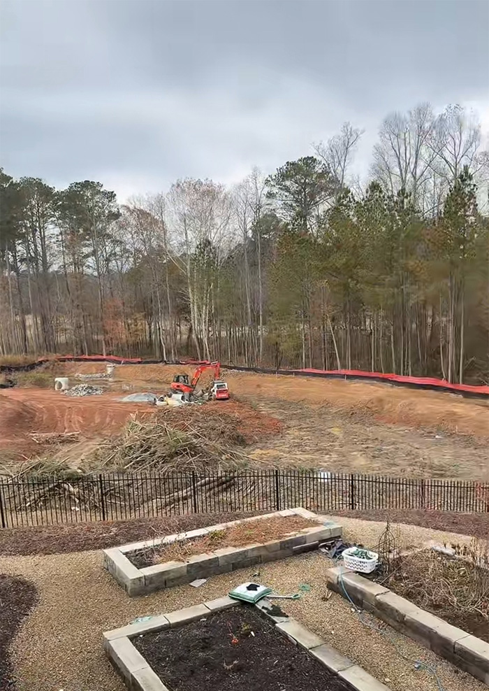 Construction site with bulldozers clearing land and removing trees near a wooded area, highlighting tree law issues.