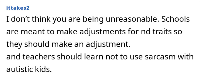 Comment discussing the need for schools and teachers to adjust and avoid using sarcasm with autistic teens. Comment discussing the need for schools and teachers to adjust and avoid using sarcasm with autistic teens.
