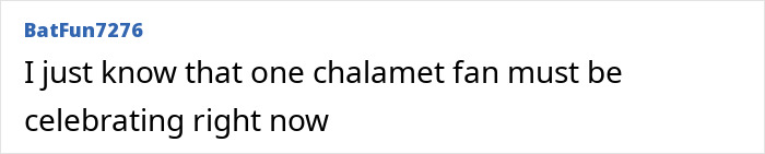 Comment by BatFun7276 expressing that a Timothée Chalamet fan is likely celebrating the news amid reported split. Comment by BatFun7276 expressing that a Timothée Chalamet fan is likely celebrating the news amid reported split.