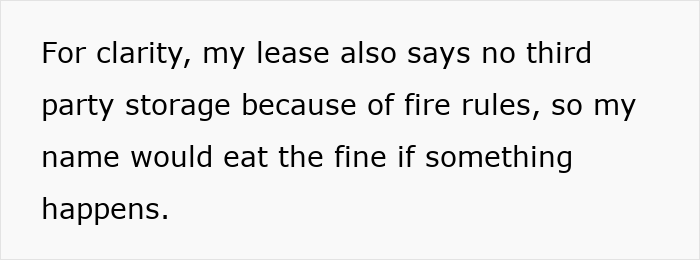 Text explaining lease terms about no third party storage due to fire rules related to aunt crib storage baby safety.