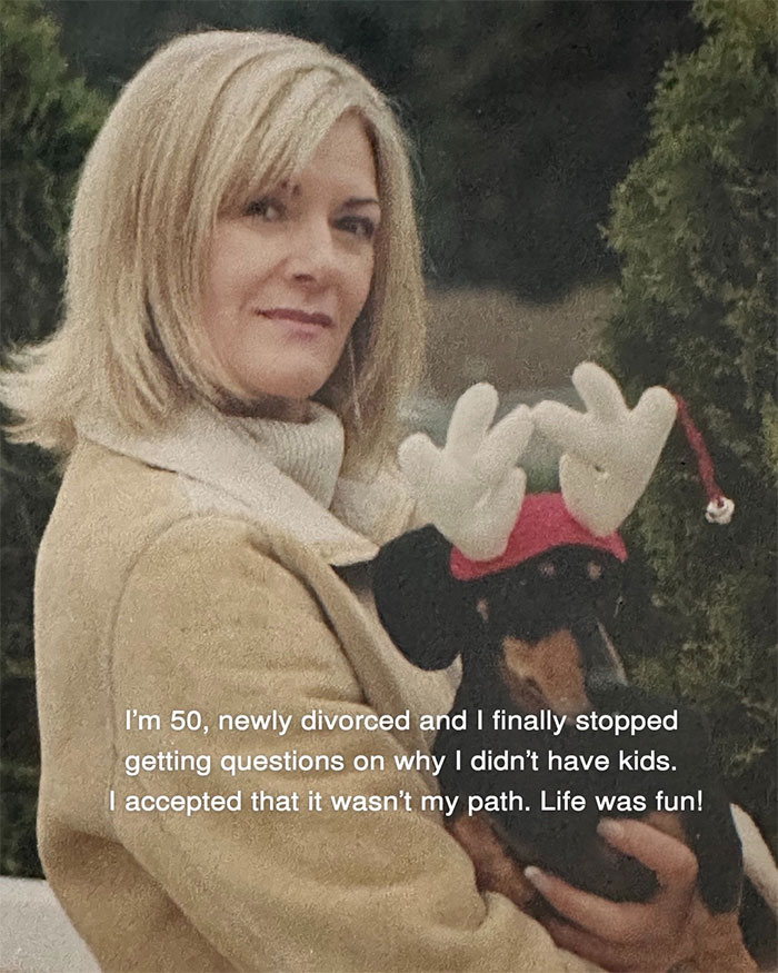 Woman holding dog wearing reindeer antlers, illustrating aging progress and facelift results at 70 years old.