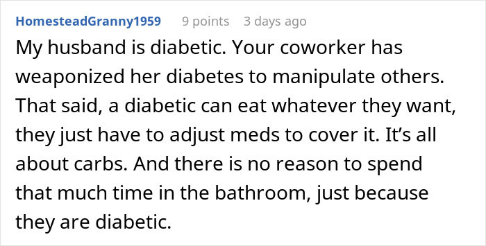 Screenshot of a forum comment discussing a coworker eating what she shouldn&rsquo;t and the consequences for a diabetic colleague.
