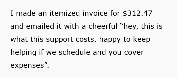 Text showing a $312 itemized invoice sent to a mom as a reality check for using her sister as a free babysitter. Text showing a $312 itemized invoice sent to a mom as a reality check for using her sister as a free babysitter.