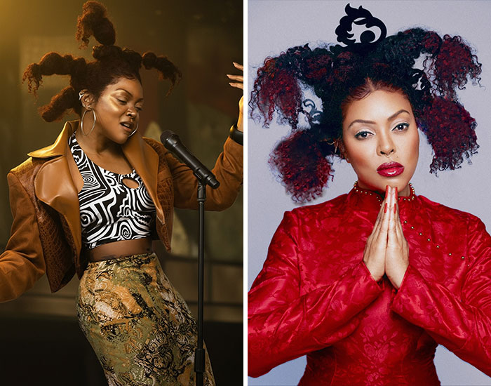 Two women showcasing creative Halloween costumes with unique hairstyles, embodying the spirit of celebrity Halloween fashion.