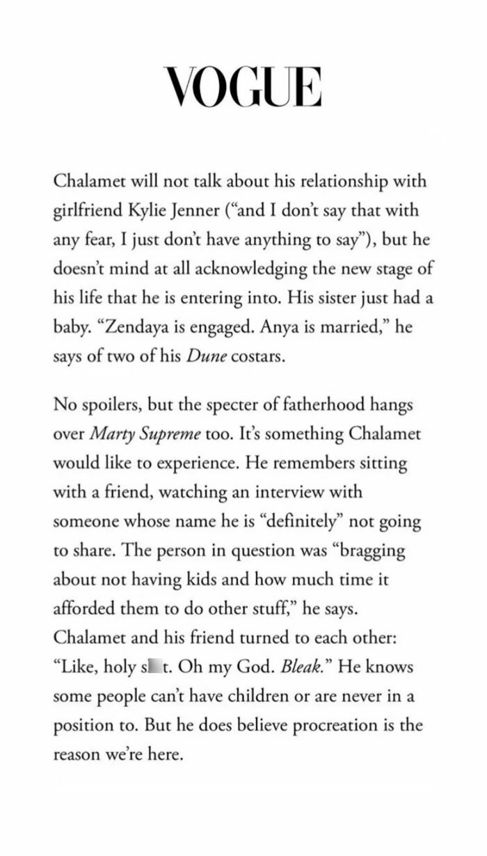 Excerpt from Vogue article discussing Timothée Chalamet’s views on fatherhood and having kids controversy. Excerpt from Vogue article discussing Timothée Chalamet’s views on fatherhood and having kids controversy.