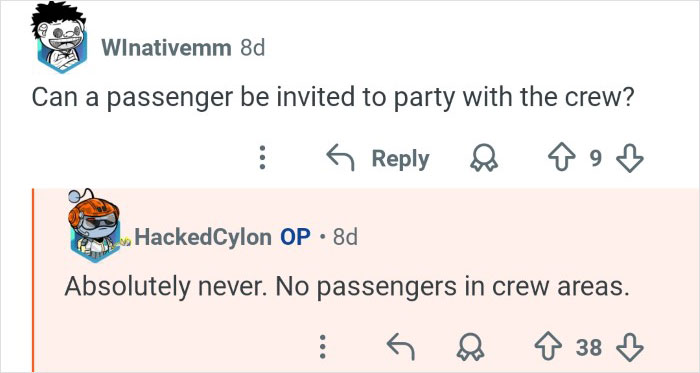 Screenshot of an online discussion where cruise ship employees reveal no passengers are allowed in crew areas.