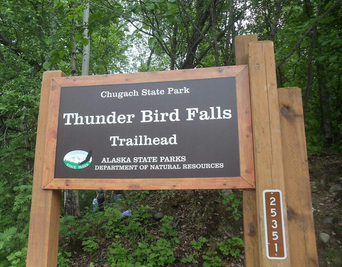 Thunder Bird Falls Trailhead sign in Alaska State Park, a location linked to disturbing Alaska case involving fatal attack. Thunder Bird Falls Trailhead sign in Alaska State Park, a location linked to disturbing Alaska case involving fatal attack.